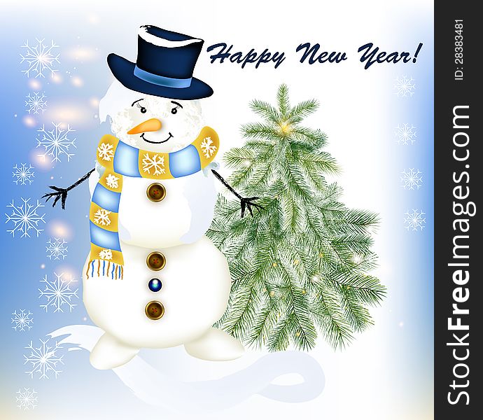 New year greeting card with snowman and fir tree