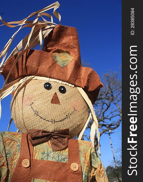 A smiling scarecrow enjoying a warm autumn day.