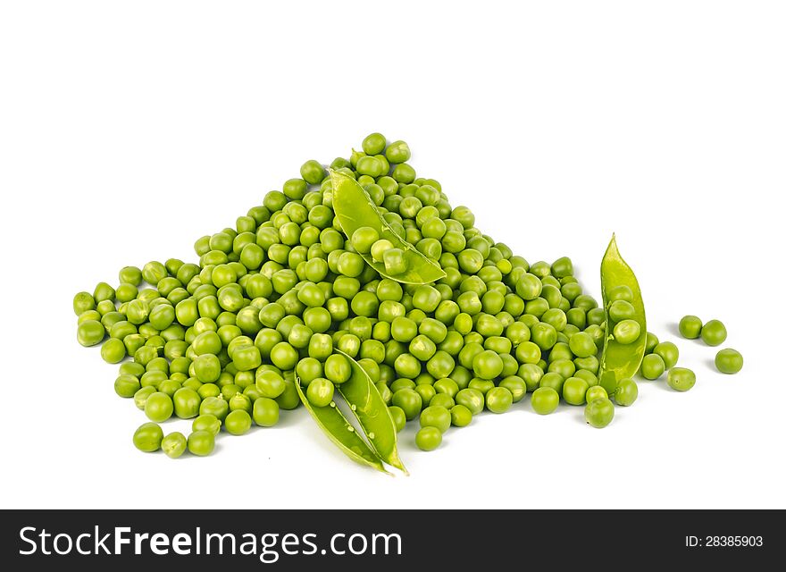 Heap of Green Peas with some open pods, on white.