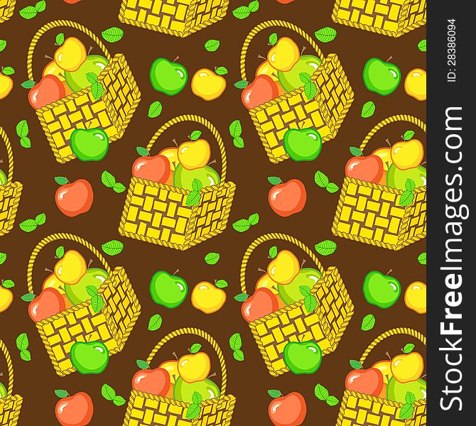 Vector seamless pattern with baskets of apples