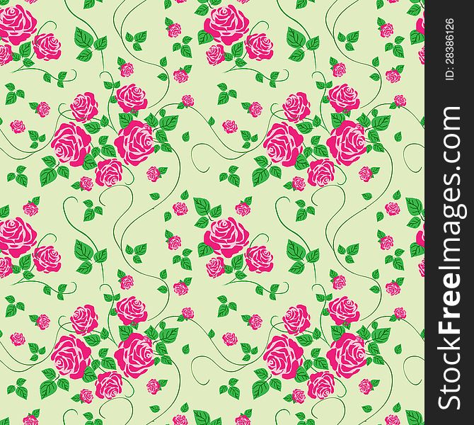 Vector seamless pattern with rose on green background