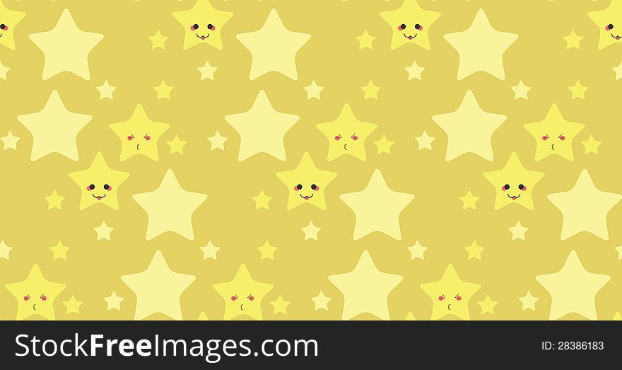 Illustration of cute yellow stars with faces pattern background. Illustration of cute yellow stars with faces pattern background.