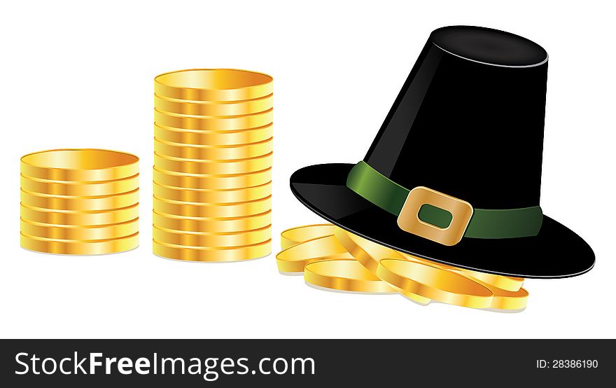 Illustration of black leprechaun hat and golden coins. Illustration of black leprechaun hat and golden coins.