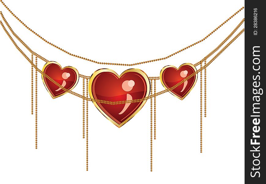 Illustration of golden jewelry chain with heart pendants. Illustration of golden jewelry chain with heart pendants.