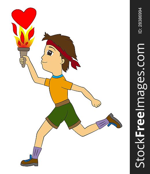 A young man running and carrying a torch with a heart shaped flame coming out. A young man running and carrying a torch with a heart shaped flame coming out