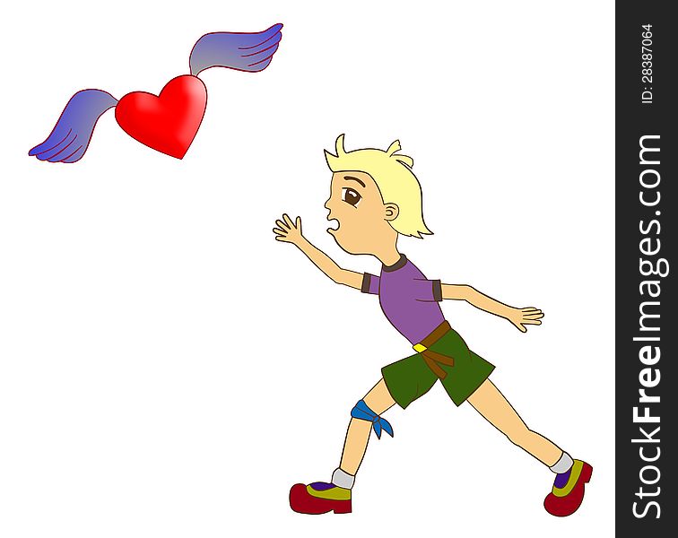 A young man running and trying to catch a flying heart with wings. A young man running and trying to catch a flying heart with wings