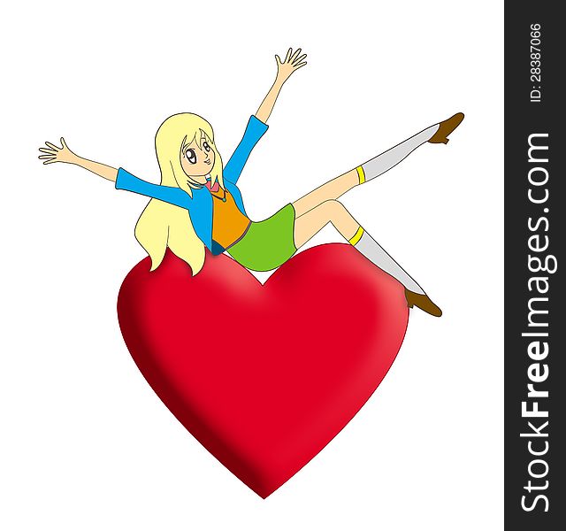 Illustration of a very happy girl sitting on a giant heart. Illustration of a very happy girl sitting on a giant heart