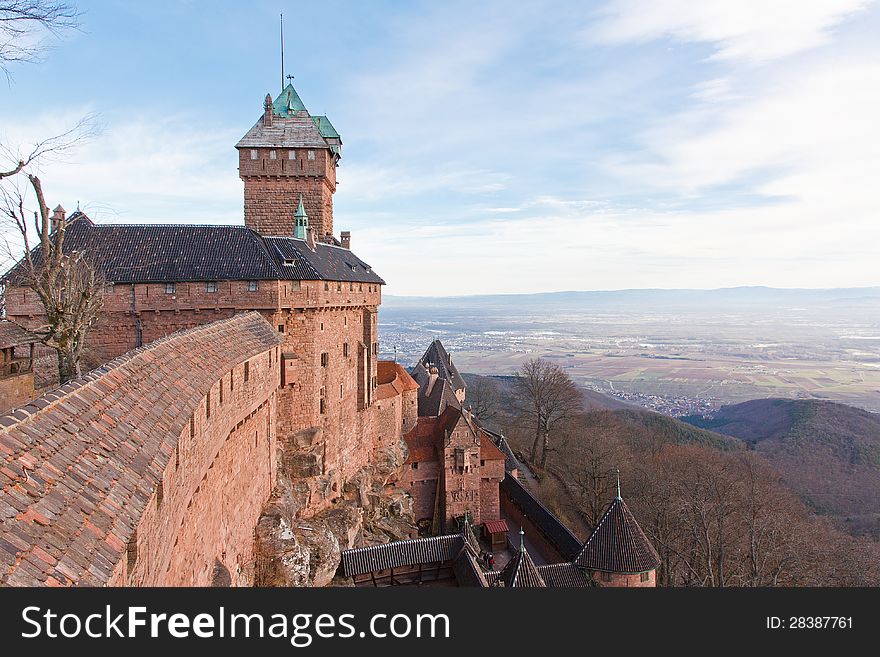 Panorama of the Haut-Koenigsbourg Castle of German Kaiser Willem II on the Alsatian Valley, Est of France
