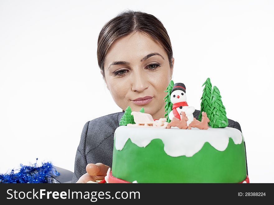 White female celebrating christmas with cake. White female celebrating christmas with cake