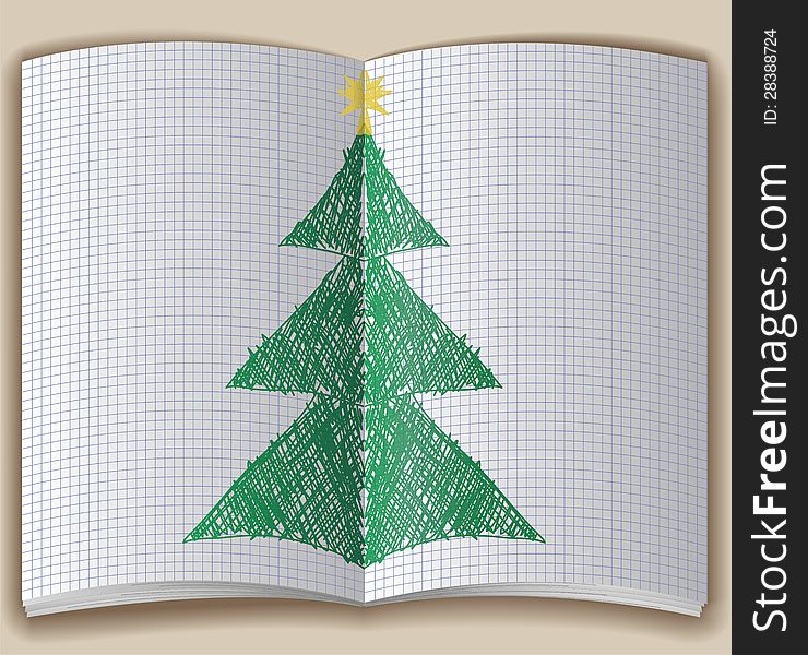 Open notebook with hand-drawn Christmas tree. Open notebook with hand-drawn Christmas tree