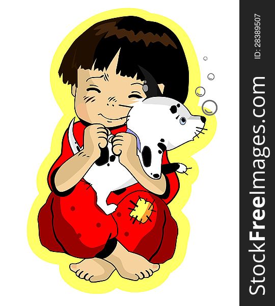 Amusing Children's illustration. Child plays with puppy. Amusing Children's illustration. Child plays with puppy
