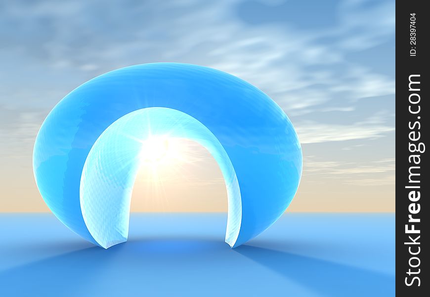 A surreal crystal blue doorway arch on a lighted horizon. Abstract concept of hope for a perfect opportunity. A surreal crystal blue doorway arch on a lighted horizon. Abstract concept of hope for a perfect opportunity.