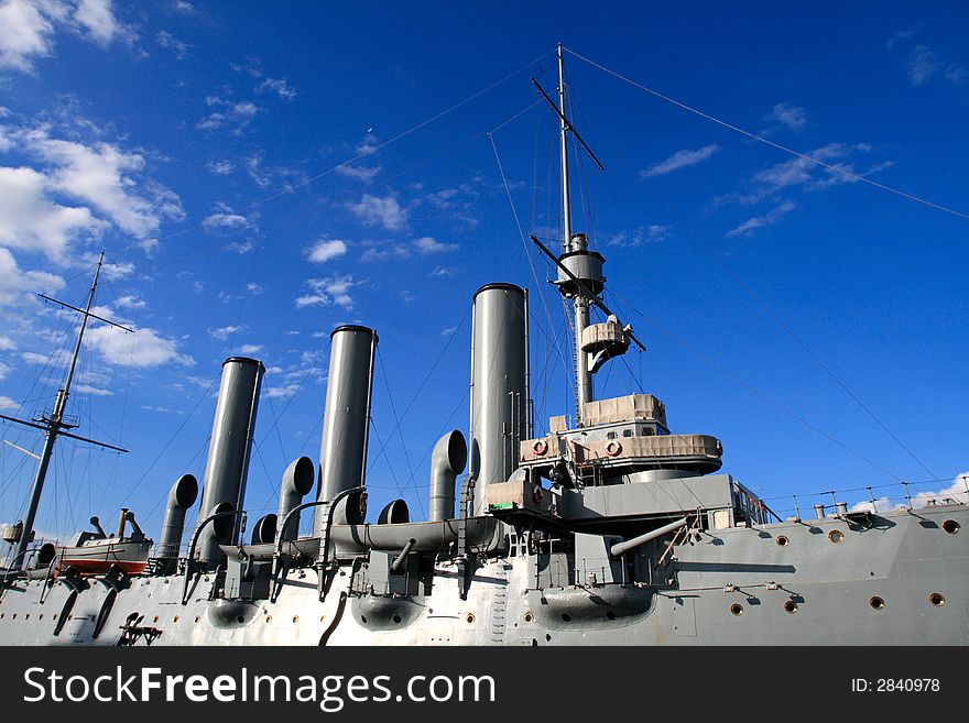 Armoured cruiser Avrora in St. Petersburg on the sky background