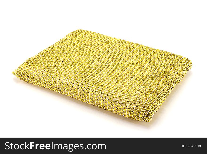 A steel scourer sponge on a white background.