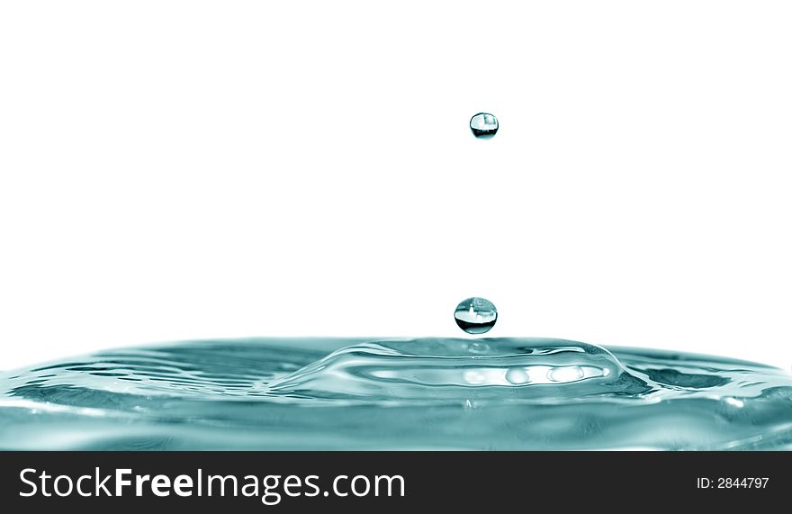 Isolated blue drops are falling down and impact with liquid surface. Isolated blue drops are falling down and impact with liquid surface