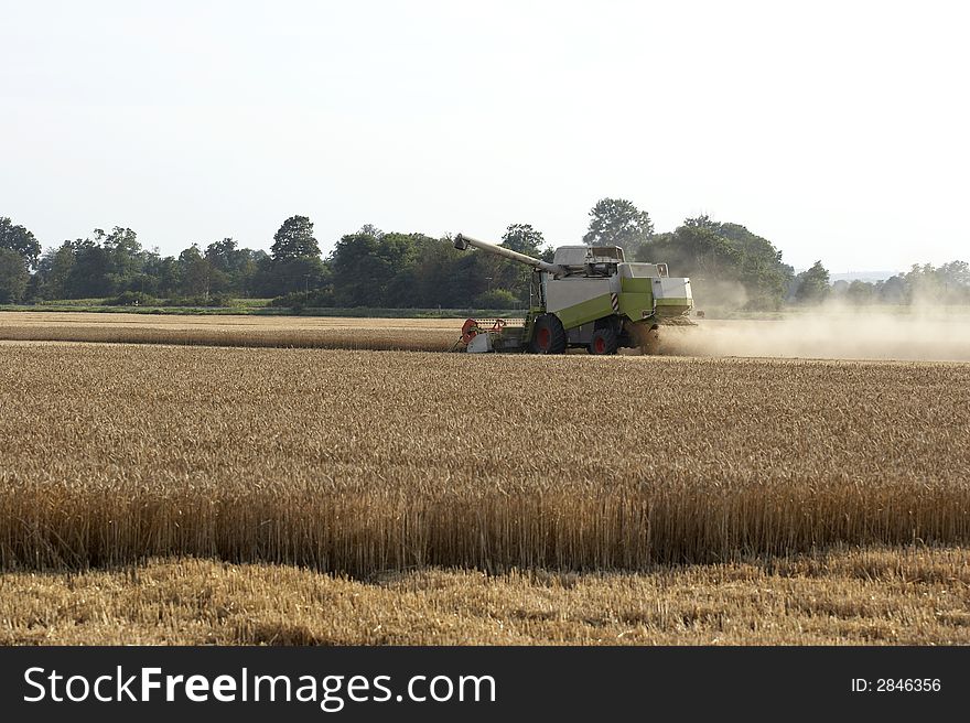 Combine working on wheat field