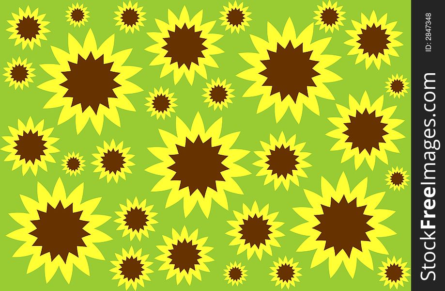 Yellow and brown sunflowers on the green background. Yellow and brown sunflowers on the green background