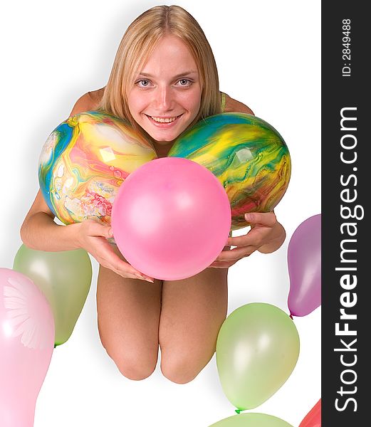 The girl with balloons on a white background