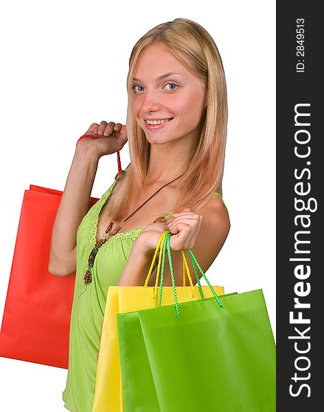 The shopping woman is dared. Isolated over white background