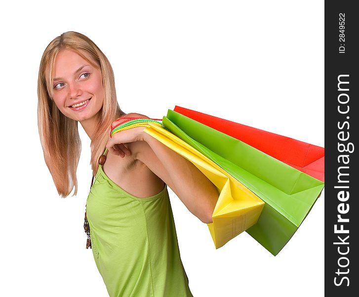 The shopping woman is dared. Isolated over white background
