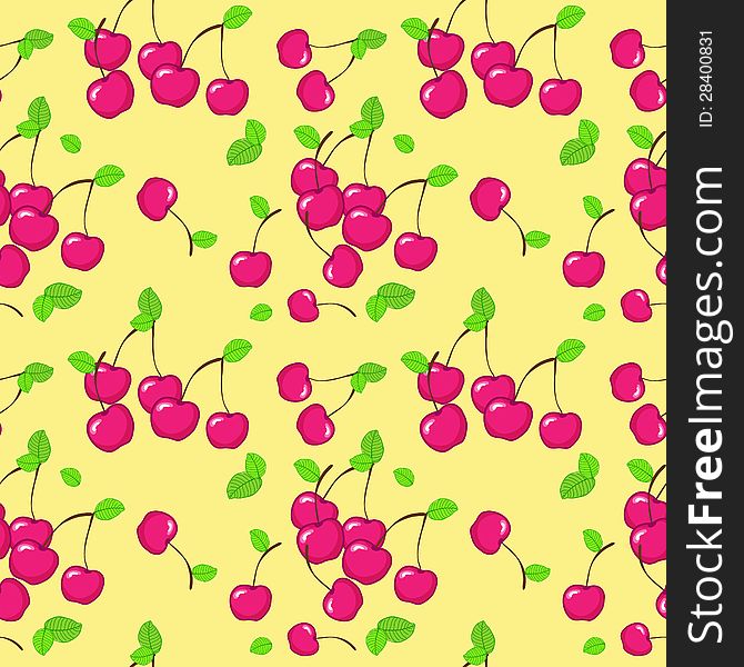 Vector seamless pattern with cherry on yellow background