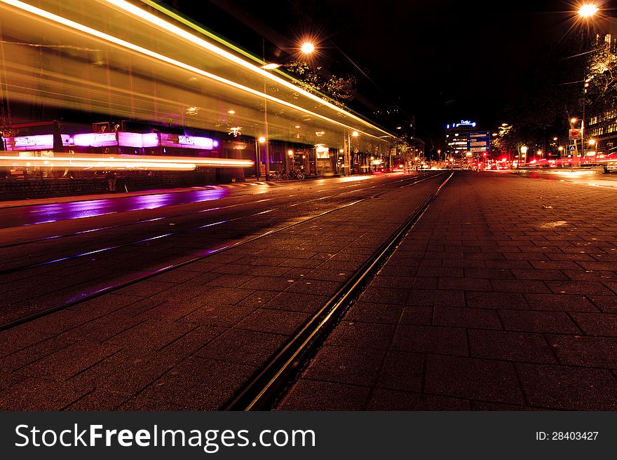 View of a street in the night in Rotterdam. View of a street in the night in Rotterdam