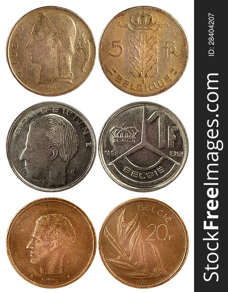 Rare coins of belgium isolated on white background