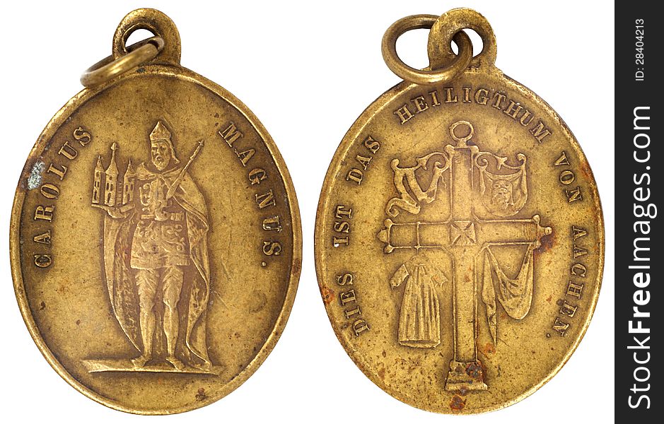 Old vitage bronze medallion isolated on white background. Old vitage bronze medallion isolated on white background