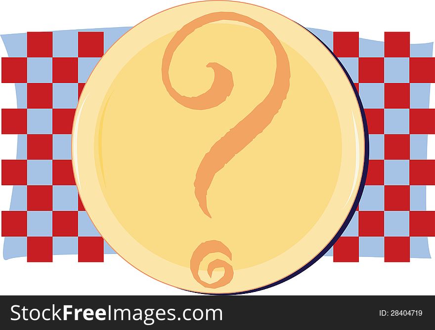 Yellow plate on red and blue checkered background graphic with question mark. What's for dinner? Diet, meal planning, cooking, restaurant.
