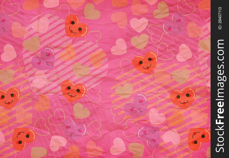Illustration of cute cartoon hearts with faces pink paper pattern background. Illustration of cute cartoon hearts with faces pink paper pattern background.