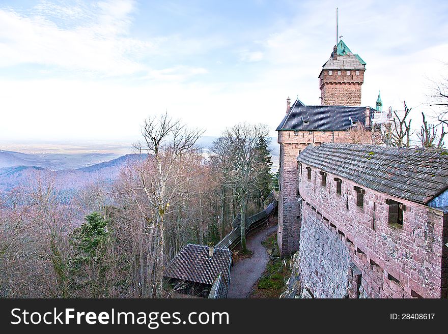 Panorama of the North side of Haut-Koenigsbourg Castle of German Kaiser Willem II on the Alsatian Valley, Est of France