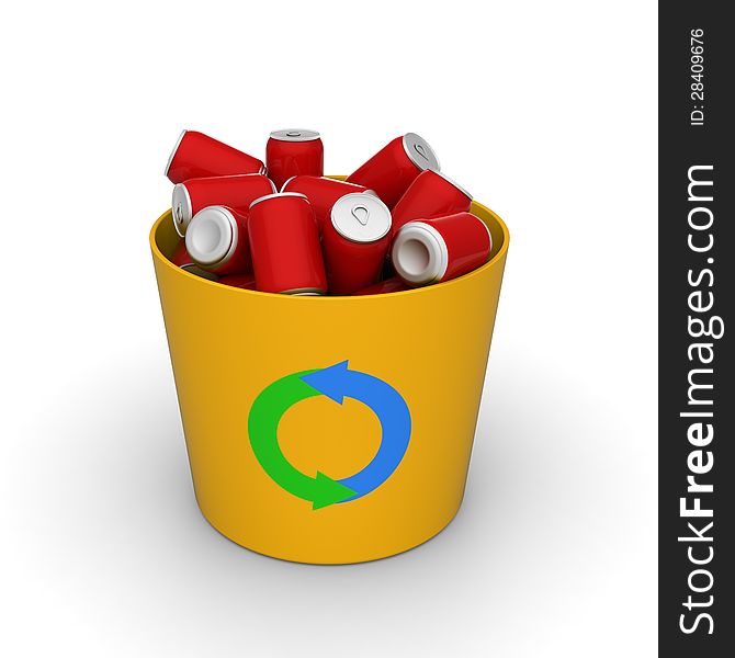 3D model of red cans in a yellow recycle bin to present about environment conservation. 3D model of red cans in a yellow recycle bin to present about environment conservation