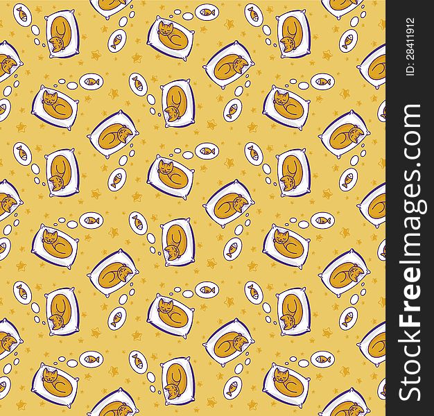 Seamless pattern with cute little cat dreaming of fish, in yellow colors