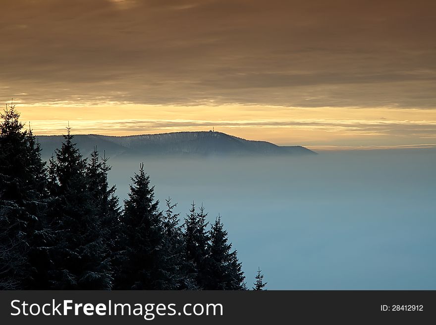 Winter mountain landscape with fog