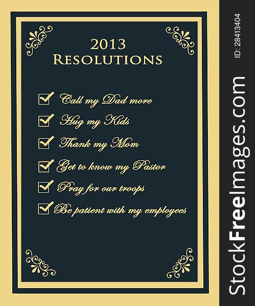6 New Year Resolutions on green card in gold trim. 6 New Year Resolutions on green card in gold trim
