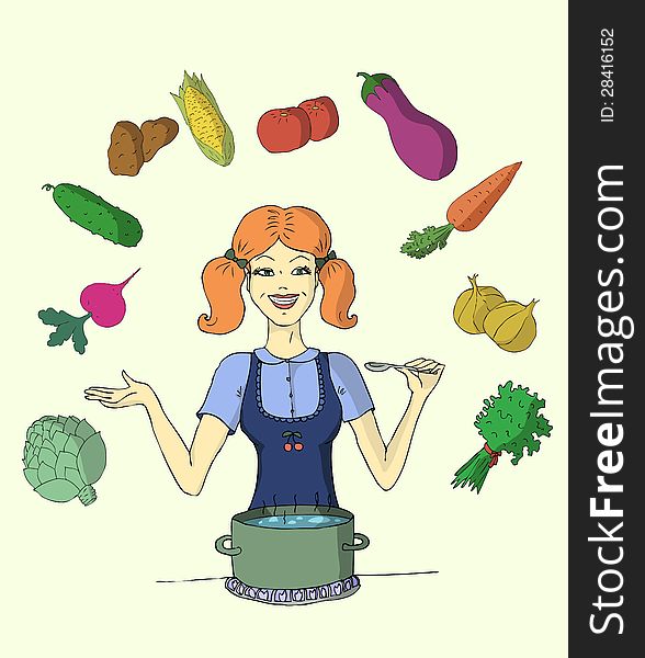 The beautiful young girl juggling with vegetables. The beautiful young girl juggling with vegetables