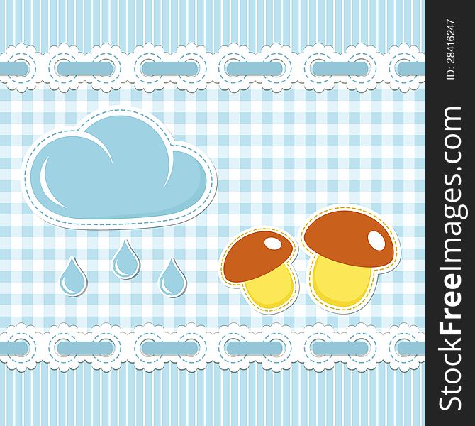 Blue checked background with mushroom and sunshower. Editable vector illustration. Blue checked background with mushroom and sunshower. Editable vector illustration