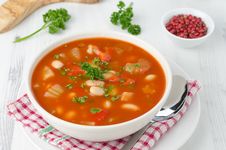 Bowl Of Roasted Tomato Soup With Beans, Celery And Bell Pepper, Royalty Free Stock Images