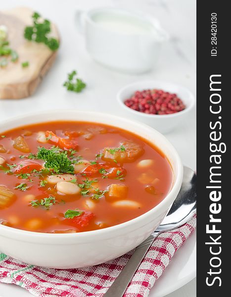 Bowl Of Roasted Tomato Soup With Beans, Celery And Bell Pepper,
