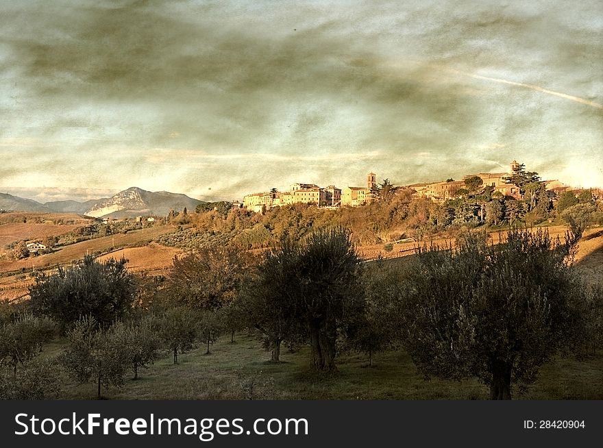 Old town view and mountain landscape with grunge texture. Old town view and mountain landscape with grunge texture