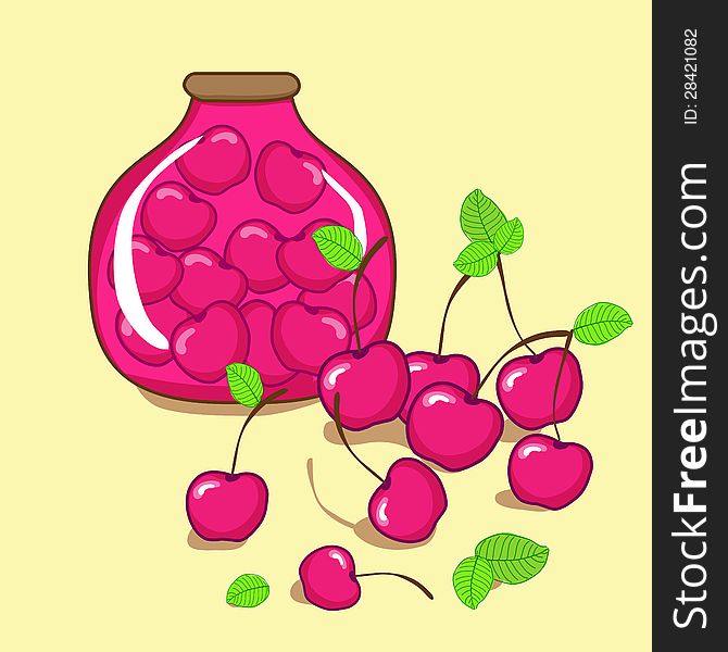 Vector illustration of cherry jam with cherry on yellow background
