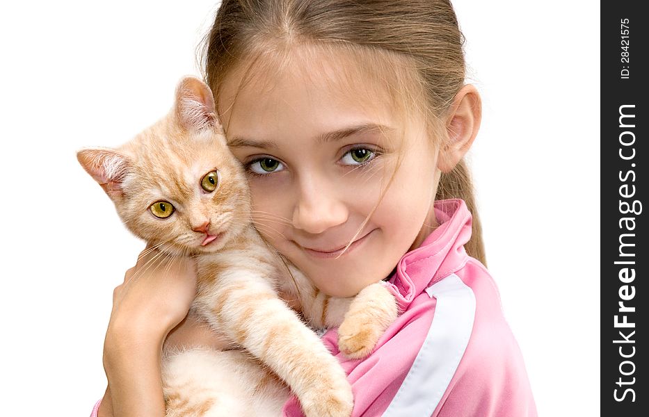 The girl with a red kitten of breed Scottish-straight are photographed on the white background