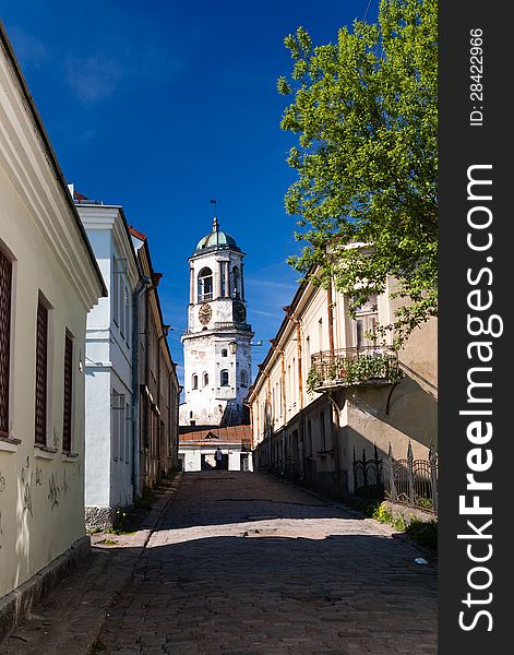 Old tower with clock in Vyborg, Russia