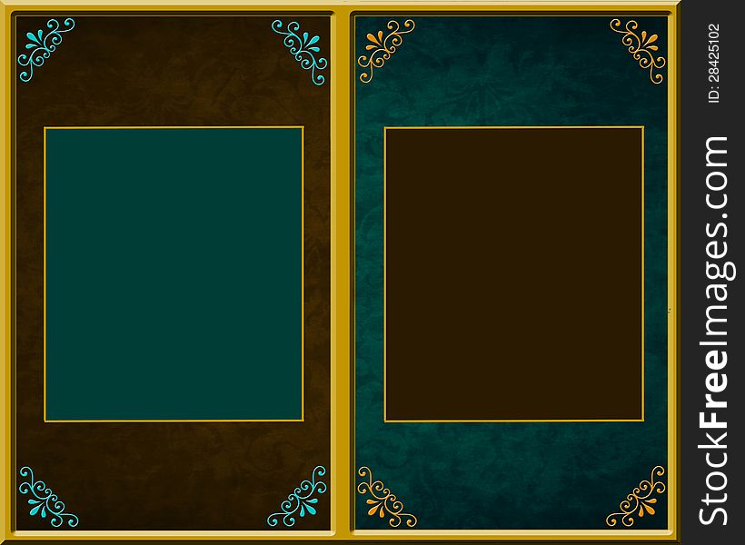 Background of brown, green, texture, gold with image inset squares. Background of brown, green, texture, gold with image inset squares