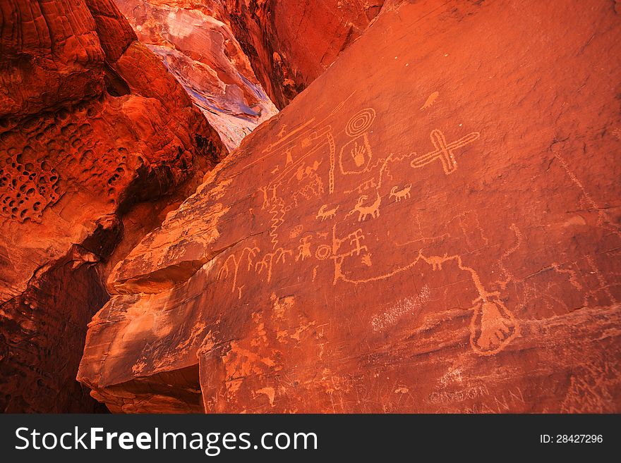 Ancient Petroglyphs on Snadstone, Valley of Fire State Park, Nevada
