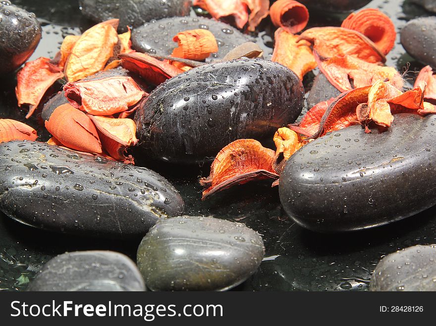 Black stones and flowers on a background