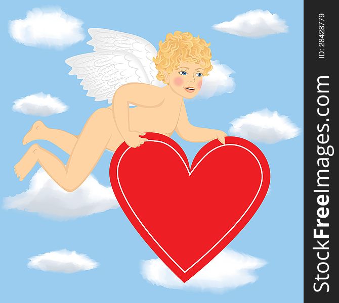 Cupid fly in the sky and hold Valentine card shaped heart