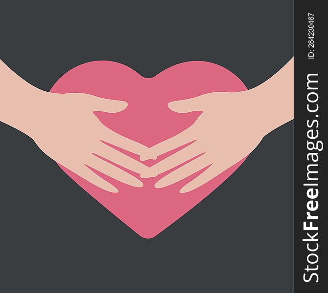 Two hands hold a large pink heart on a gray background in a minimalist style, the theme of care, love, support