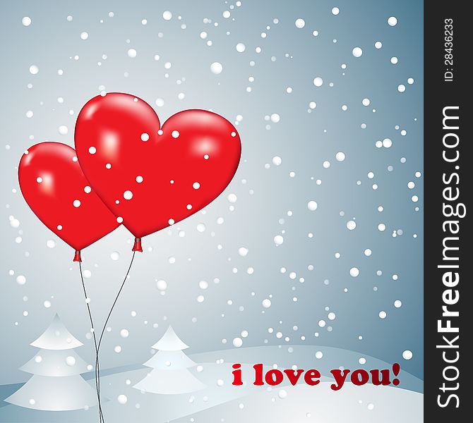 Balloons heart with snow on a background of of snowdrifts and trees