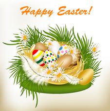 Easter Greeting Card With Colorful Eggs, Green Grass And Nest Royalty Free Stock Image Easter Greeting Card With Colorful Eggs, Green Grass And Nest Royalty Free Stock Image